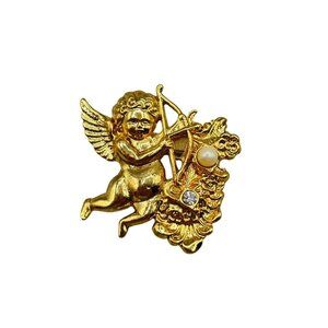 Vintage Gold Tone Cupid with Arrow Angel Brooch with Pearl & Rhinestone Accents